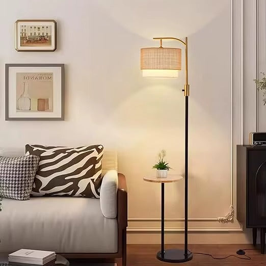 Adjustable Floor Lamp Fabric Rattan Tall Pole Farmhouse Living Room Style for Reading Bedroom Office Couch Foot Switch