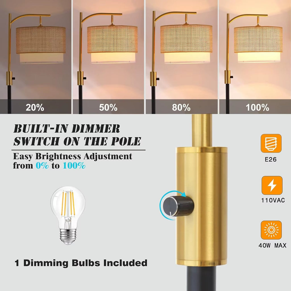 SIMIG Dimmable Boho Farmhouse LED Arc Floor Lamp – E26 Fabric Bamboo Shades