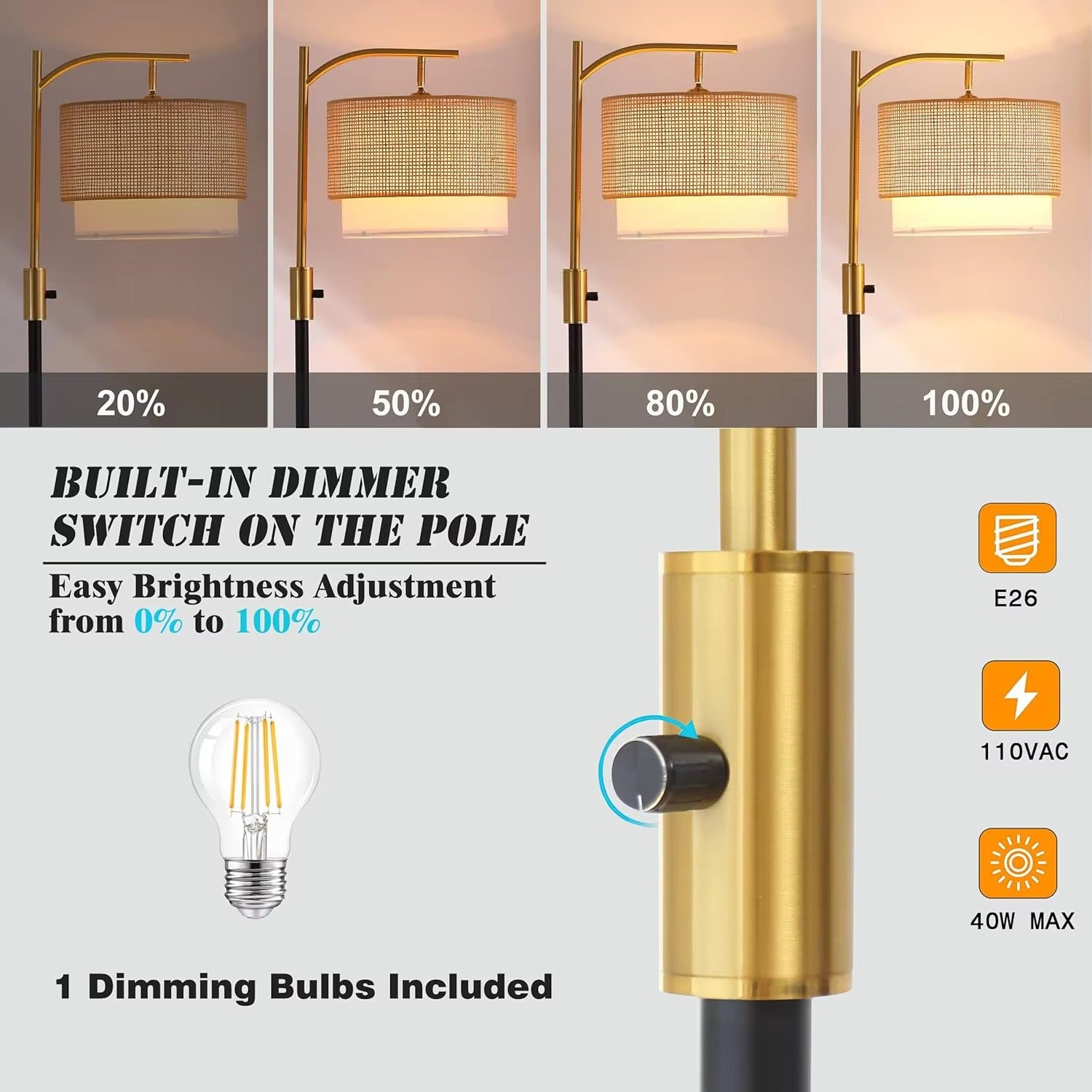 SIMIG Dimmable Boho Farmhouse LED Arc Floor Lamp – E26 Fabric Bamboo Shades