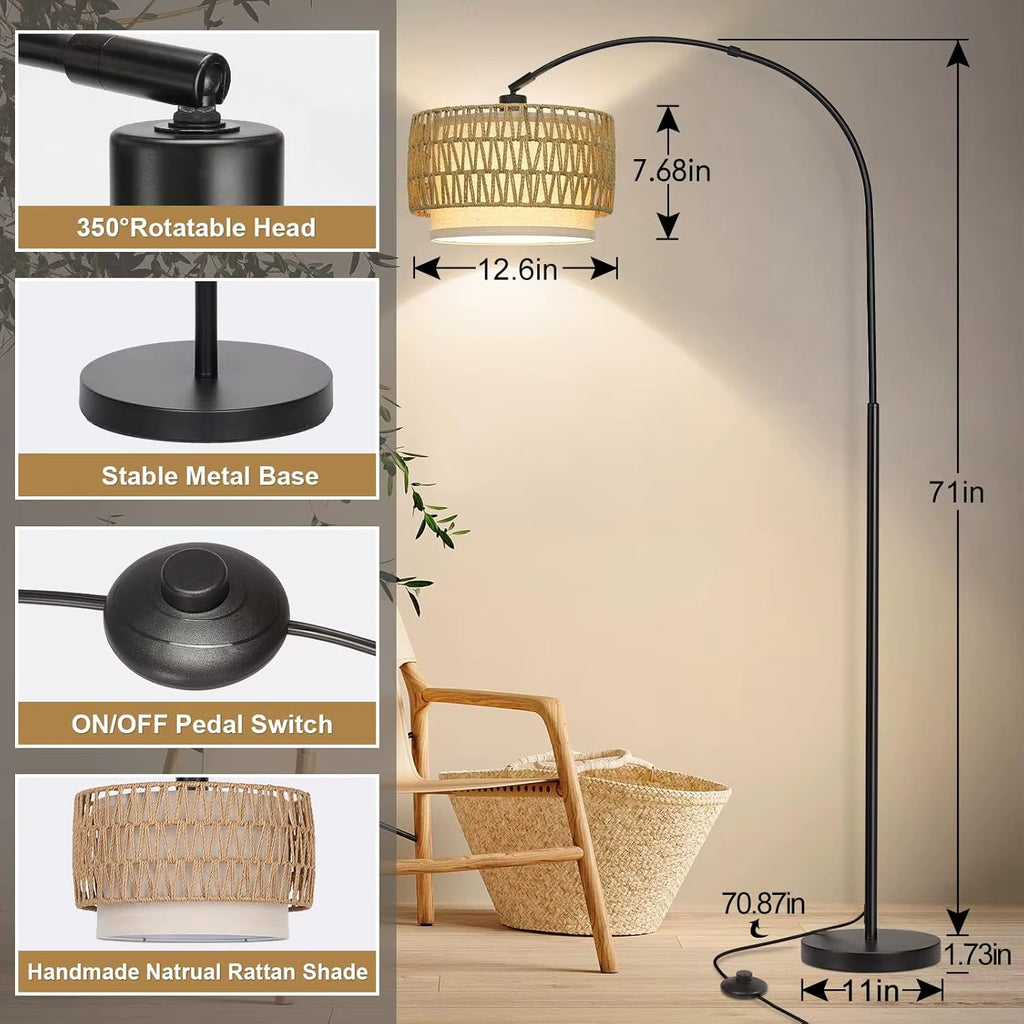 Adjustable Floor Lamp Fabric Rattan Tall Pole Farmhouse Living Room Style for Reading Bedroom Office Couch Foot Switch