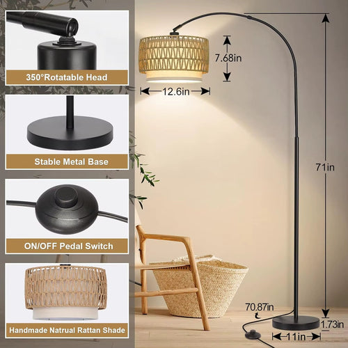 Adjustable Floor Lamp Fabric Rattan Tall Pole Farmhouse Living Room Style for Reading Bedroom Office Couch Foot Switch
