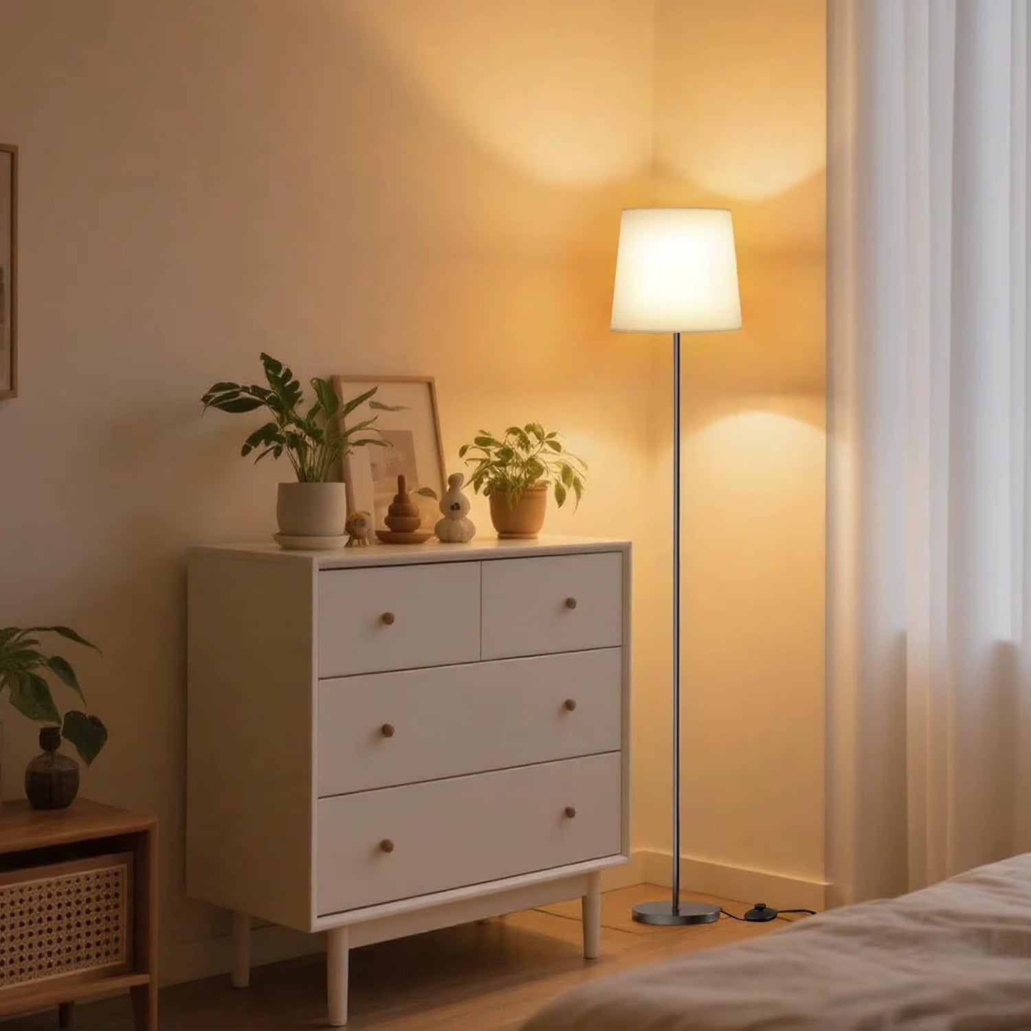 62" White Fabric Shade Floor Lamp 3 Color Temps E26 9W LED Bulb Standing Lamp Foot Switch for Living Room