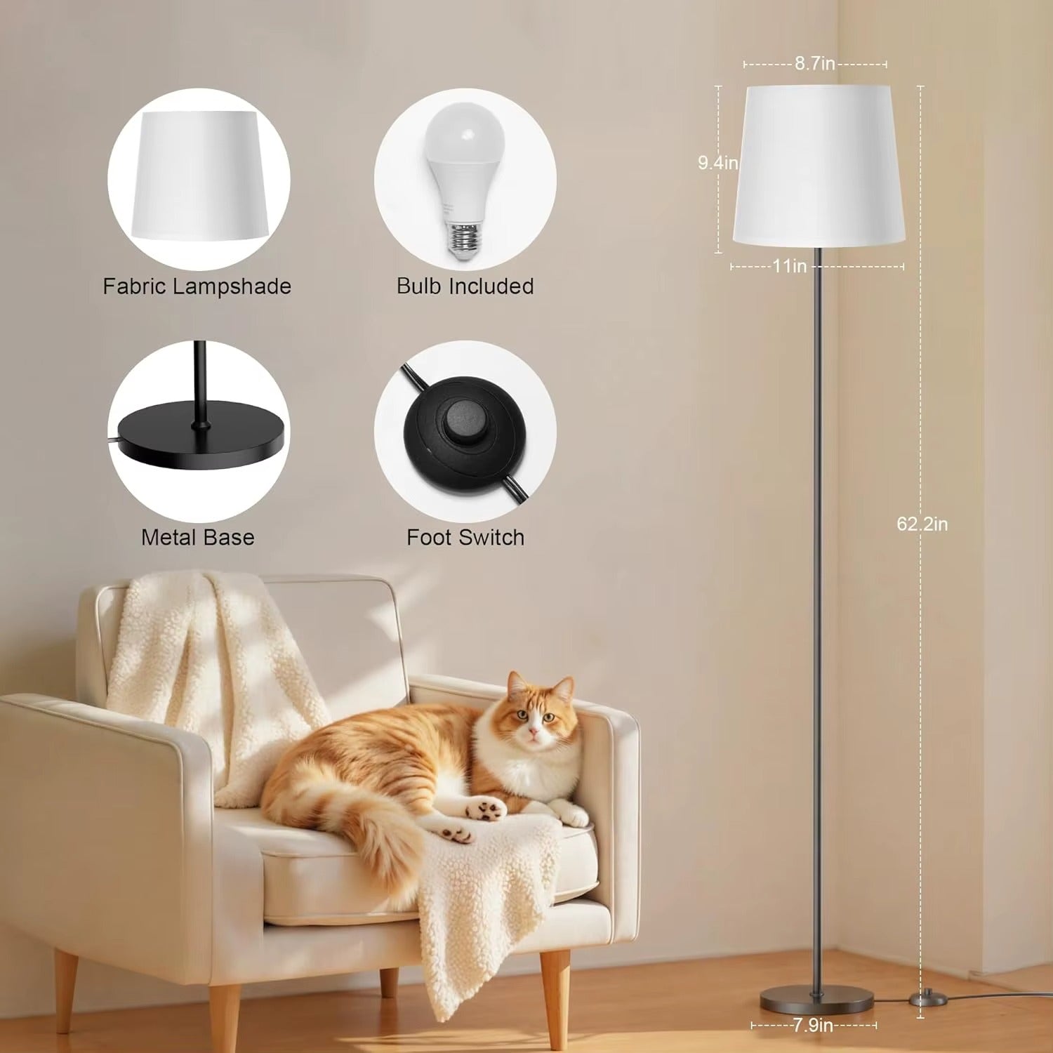 62" White Fabric Shade Floor Lamp 3 Color Temps E26 9W LED Bulb Standing Lamp Foot Switch for Living Room
