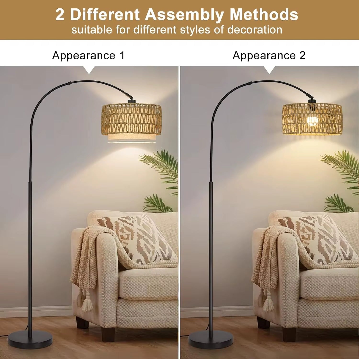 Adjustable Floor Lamp Fabric Rattan Tall Pole Farmhouse Living Room Style for Reading Bedroom Office Couch Foot Switch