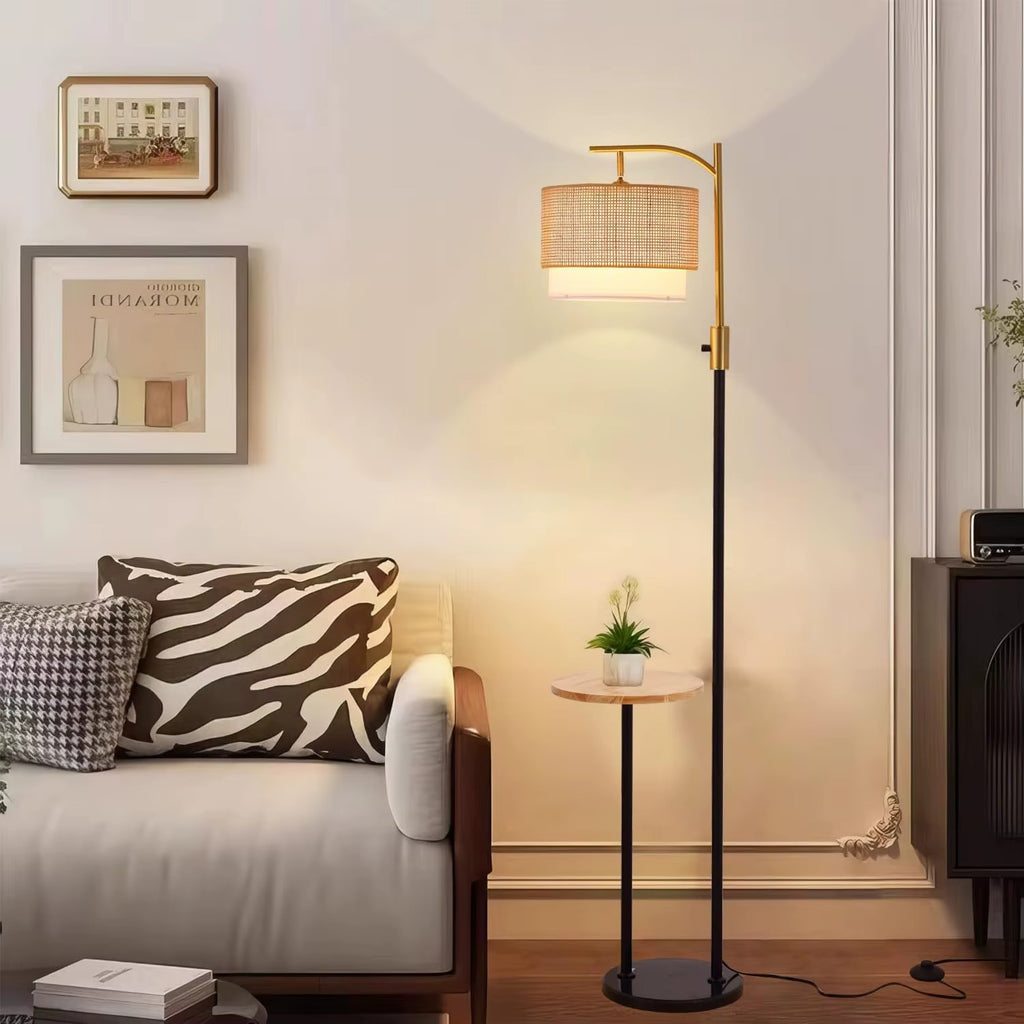 SIMIG Dimmable Boho Farmhouse LED Arc Floor Lamp – E26 Fabric Bamboo Shades