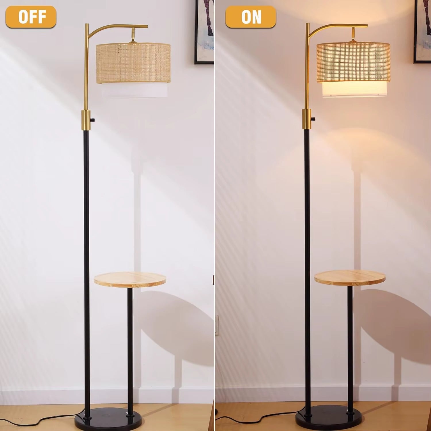 SIMIG Dimmable Boho Farmhouse LED Arc Floor Lamp – E26 Fabric Bamboo Shades