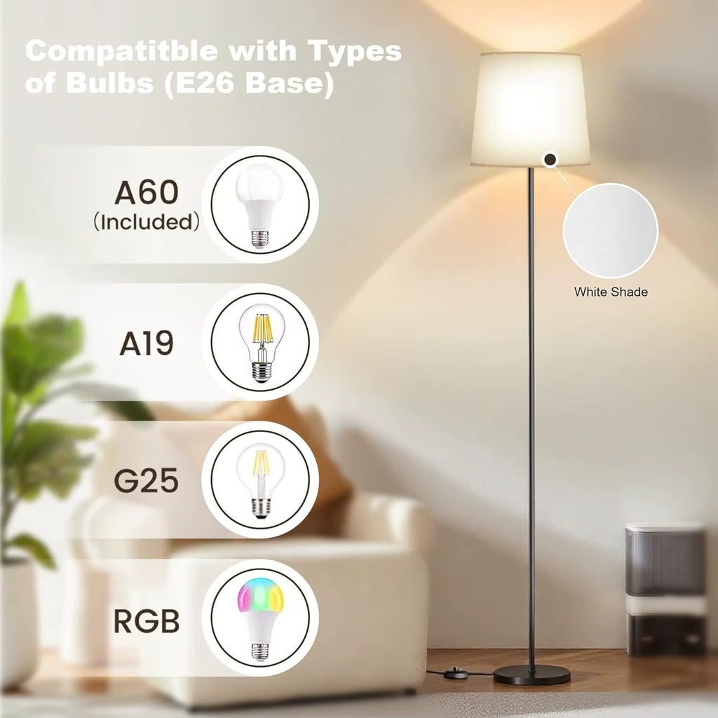62" White Fabric Shade Floor Lamp 3 Color Temps E26 9W LED Bulb Standing Lamp Foot Switch for Living Room