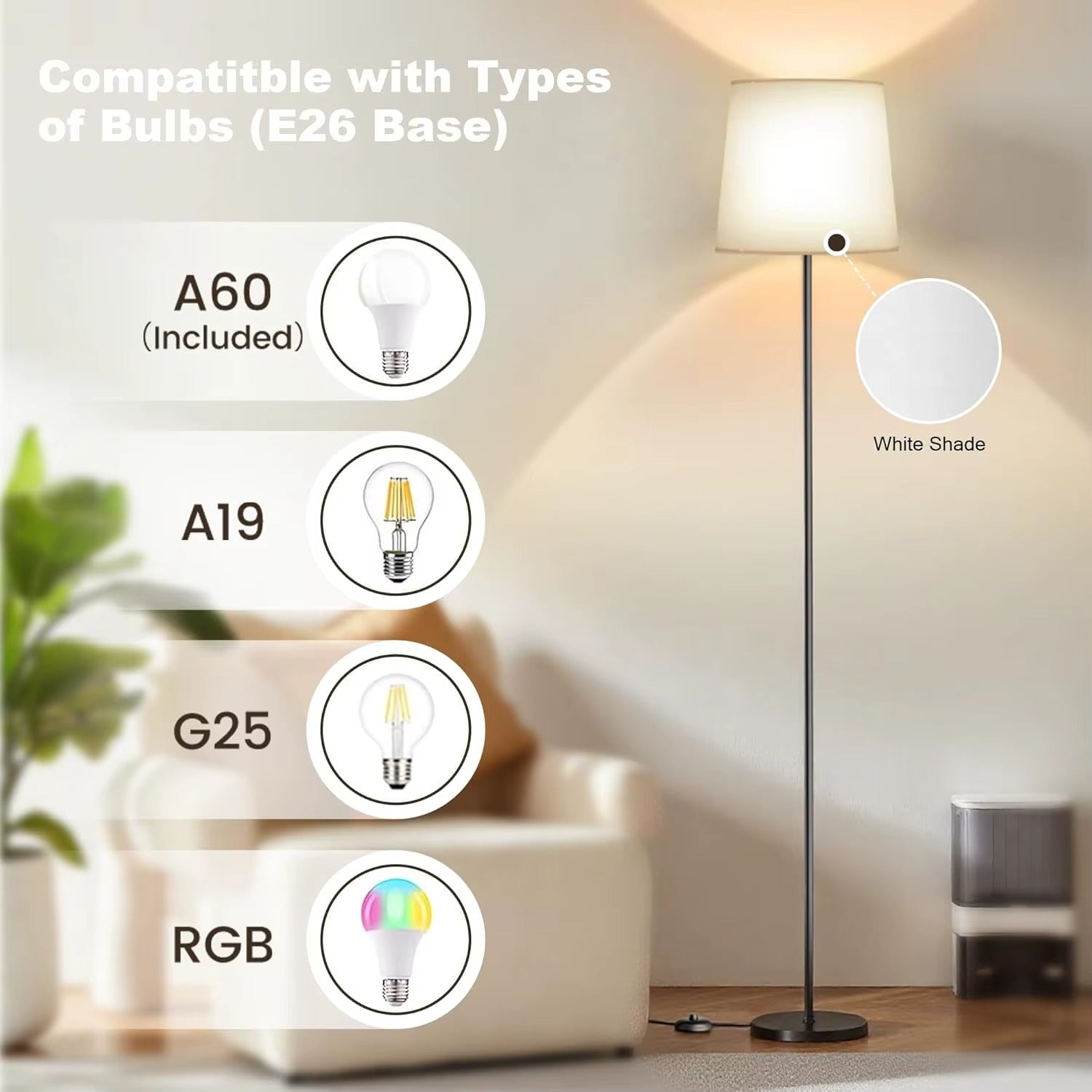 62" White Fabric Shade Floor Lamp 3 Color Temps E26 9W LED Bulb Standing Lamp Foot Switch for Living Room