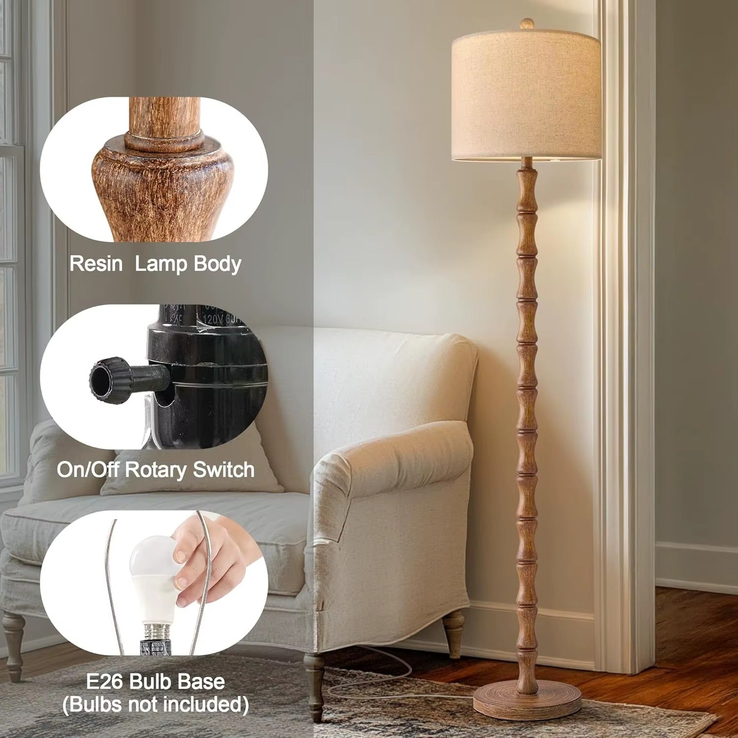 Rustic Farmhouse Floor Lamp – Resin Base, Rotary Switch