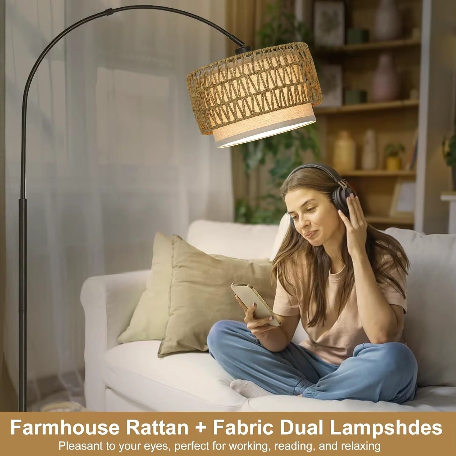 Adjustable Floor Lamp Fabric Rattan Tall Pole Farmhouse Living Room Style for Reading Bedroom Office Couch Foot Switch