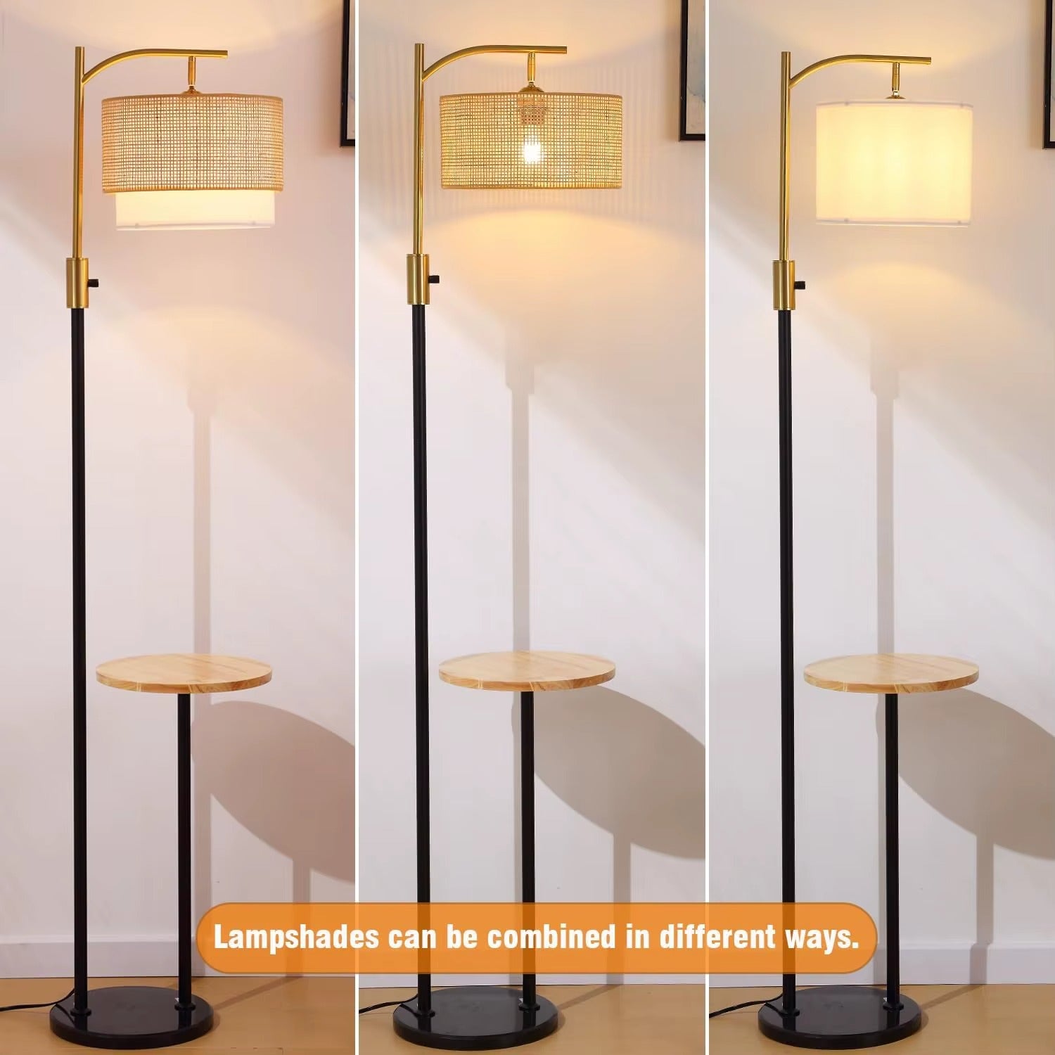 SIMIG Dimmable Boho Farmhouse LED Arc Floor Lamp – E26 Fabric Bamboo Shades